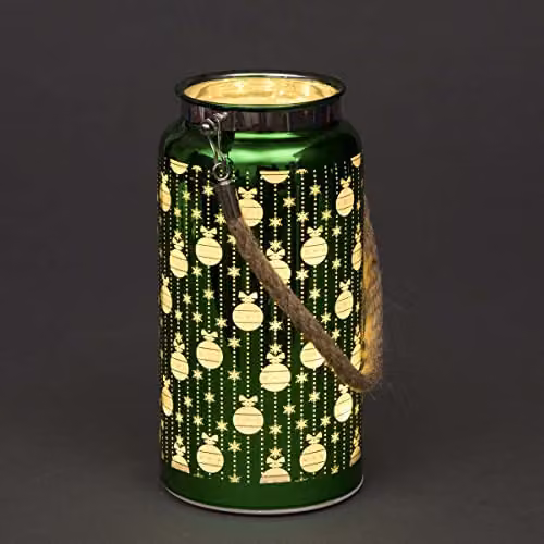 Shatchi Christmas Decorated Jar Table Lamp with Etched Glass Baubles Design in Green, H 20 cm x W 10 cm x D 10 cm