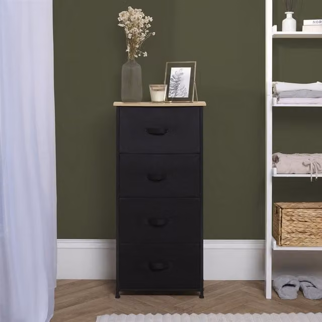 OHS Black Fabric 4 Drawer Bedside Cabinet and Storage Unit