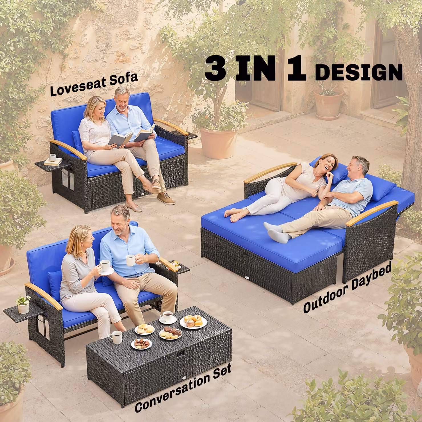 Outsunny Double Garden Rattan Daybed in Brown with Storage Ottoman, Wicker Sun Bed Chaise Lounger featuring Adjustable Backrest, Armrests and Side Tray – 4