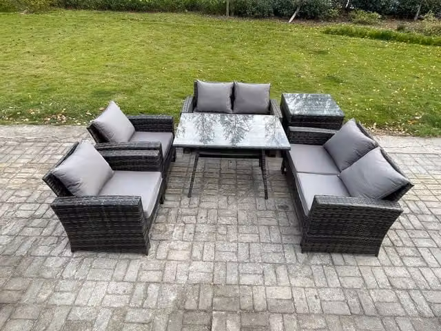 Fimous 6 Seater Rattan Garden Furniture Set with Rectangular Dining Table and Love Seat Sofa in Dark Grey