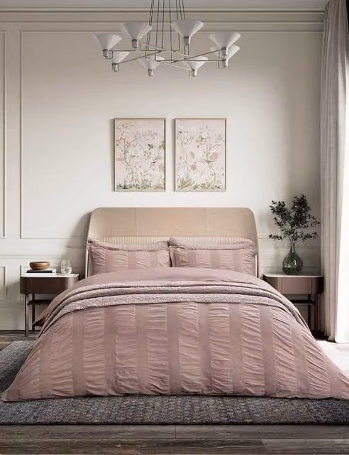 Bedeck of Belfast Pure Cotton Waffle Stripe Bedding Set, Pink, W: 200 cm x L: 200 cm