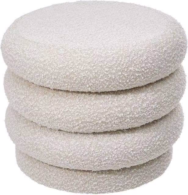 Livingandhome White Bouclé Upholstered Cylindrical Ottoman