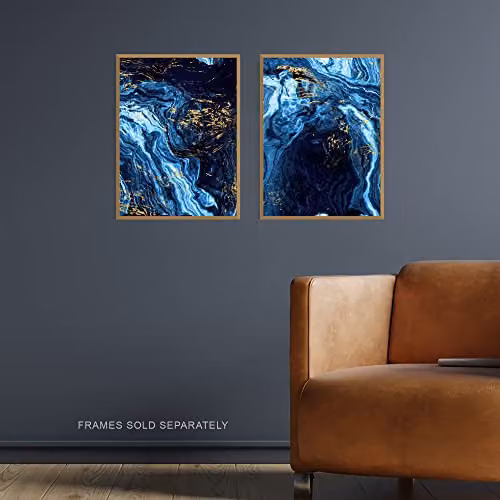 Artery8 Set of 2 Abstract Dark Blue and Gold Marble Unframed Wall Art Paper Posters, W: 21.0 cm, H: 29.7 cm – 2
