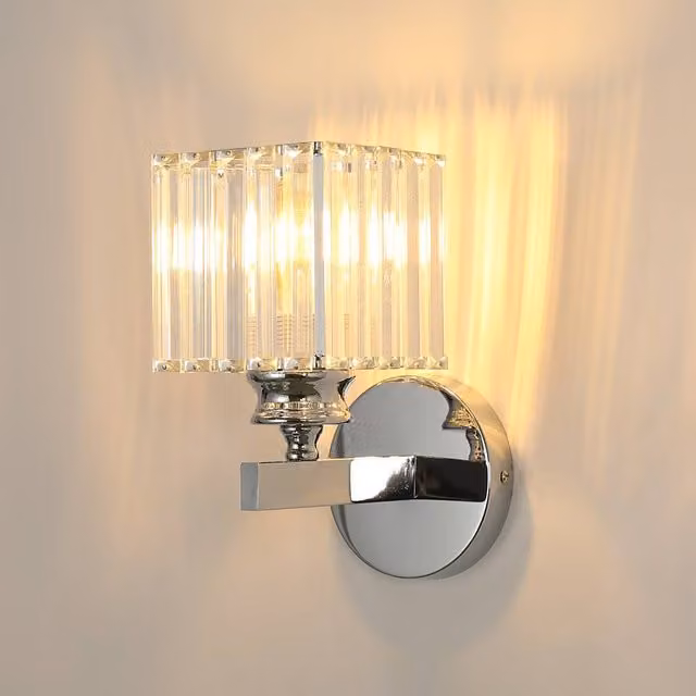 Pheashine Modern Crystal Wall Sconce with Rectangular Shade in Silver and Chrome, E27 – 1