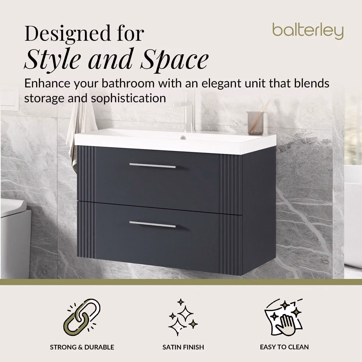 Balterley Wall Hung 2 Drawer Vanity Unit with Thin-Edge Basin, Dark Grey, W: 80 cm, D: 55 cm – 2