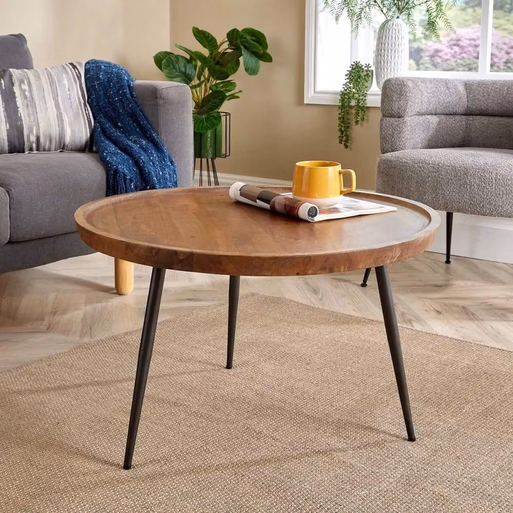 FORGEVIO Round Rustic Mango Wood Coffee Table in Brown and Grey – 2