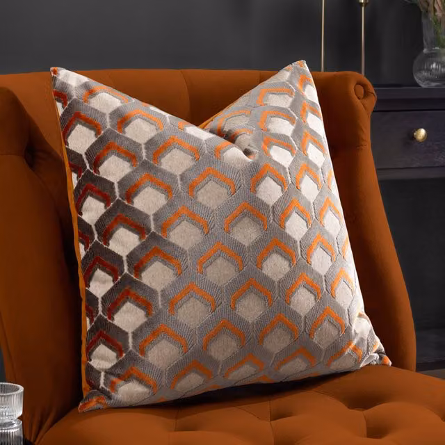 Paoletti Ledbury Geometric Velvet Cushion in Orange, W/D/H: 45 x 45 x 45 cm – 3