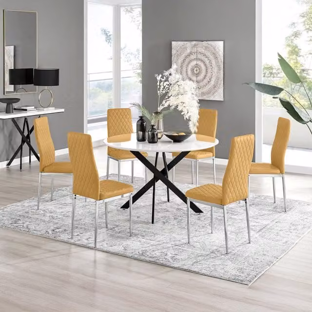 FurnitureboxUK Novara White Gloss Round Dining Table and 6 Mustard Velvet Milan Chairs, Diameter: 120 cm