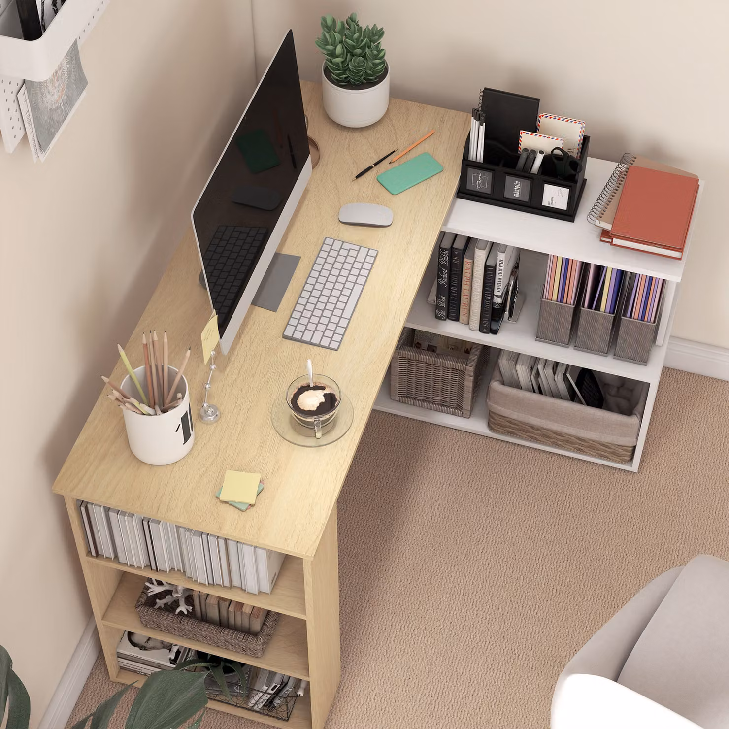 HOMCOM L Shaped Corner Computer Desk with 360 Degree Rotating Bookshelf, White, L/W/H: 120 x 110 x 74.5 cm – 4