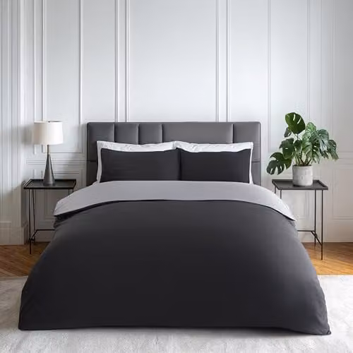 Emma Barclay Lyla Reversible Microfibre Duvet Cover and Pillowcase Set in Black and Grey, W/D/H: 140 x 200 cm