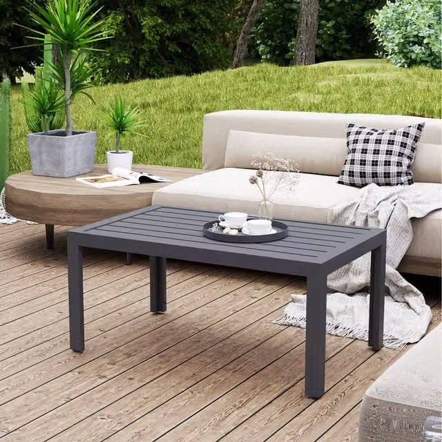 Outsunny Modern Grey Metal Outdoor Coffee Table with Slat Tabletop for Patio and Balcony