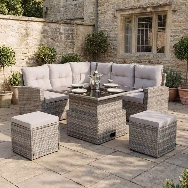 Home Garden Direct St. Tropez Grey Rattan L-Shape Garden Corner Sofa Set with Rising Table and Ottoman