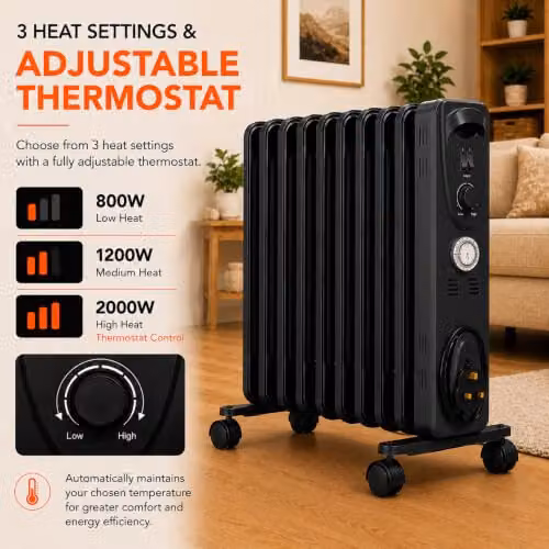 Mylek 2000W Oil Filled Radiator in Black and Grey, Freestanding Metal Heater with Thermostat, Tilt Protection and Overheat Protection, H 63 cm x W 39 cm – 3