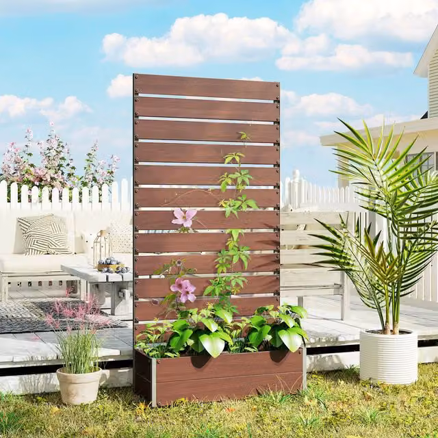 OUTSUNNY Raised Garden Bed with Trellis Standing Patio Planter Box in Brown
