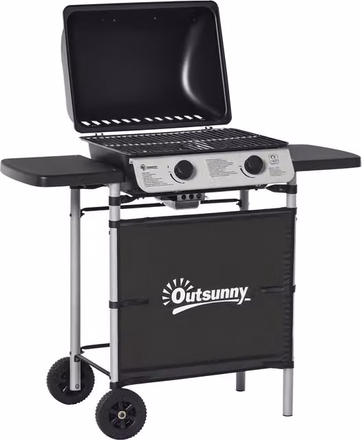 Outsunny 2 Burner Propane Gas Barbecue Grill with Side Shelves and Wheels, Black – 1