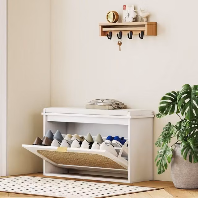 HOMCOM Boho Rattan Shoe Bench with Padded Fabric Seat and Flip-Drawer in White