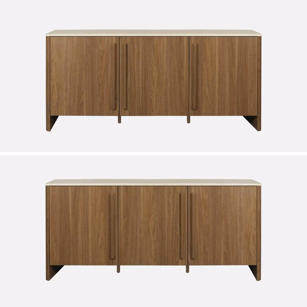 Sweek 3-door sideboard with travertine effect top and wood decor in Dark Brown, W: 160 cm, H: 74 cm, D: 40 cm – 3