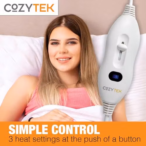 Cozytek Single Electric Blanket in White, Polyester with 3 Heat Settings and Overheating Protection, W/D/H: 90 x 190 cm – 3
