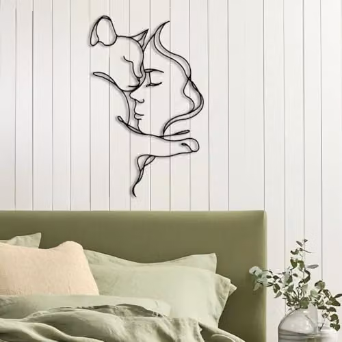 Decortie Woman and Cat Metal Line Art Wall Decor, Black, 70 cm – 4