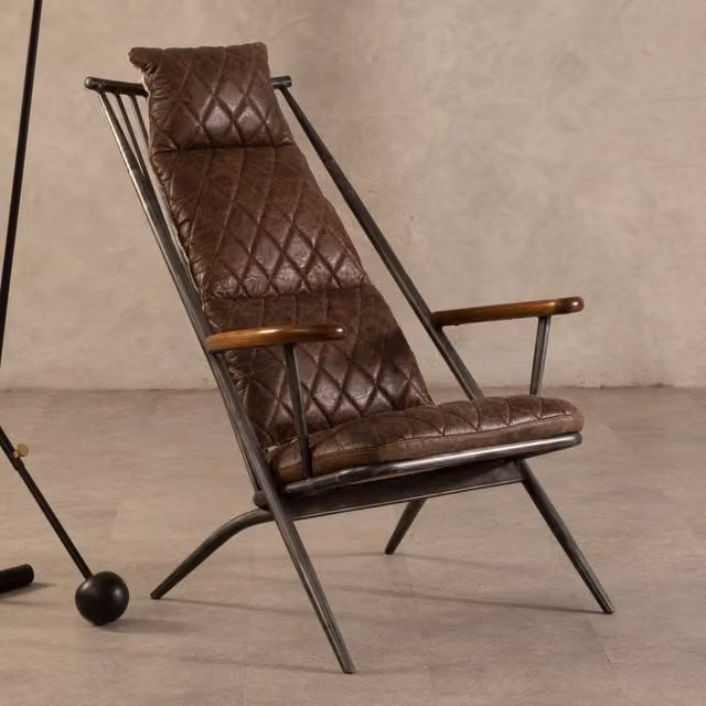 Fifty Five South Industrial Brown Leather Tub Lounge Chair with Armrests and Metal Frame