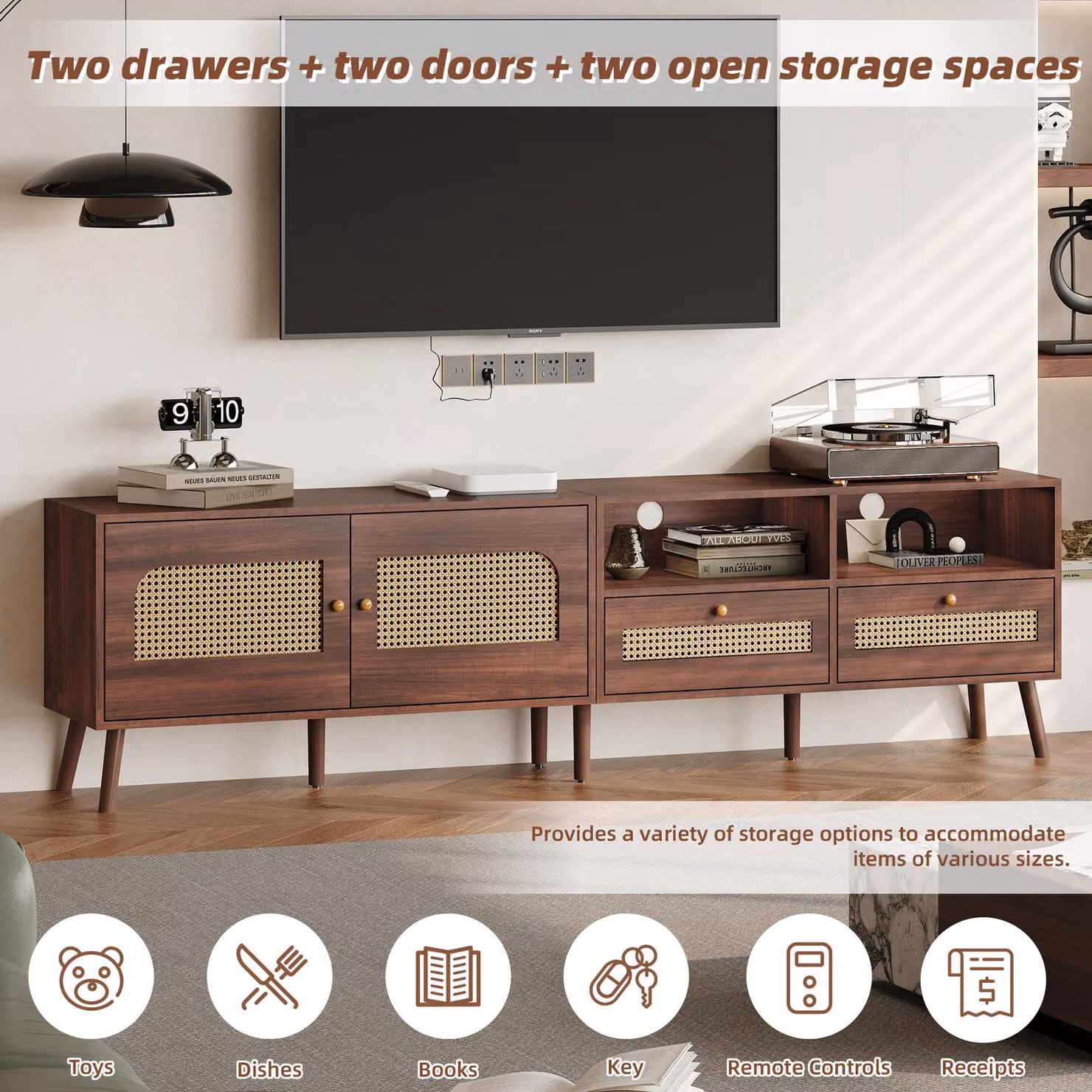 Aosom UK Retro Brown Wood and Rattan TV Entertainment Centre with 2 Drawers and 2 Cabinets, W/D/H: 200 x 37 x 49.5 cm – 3