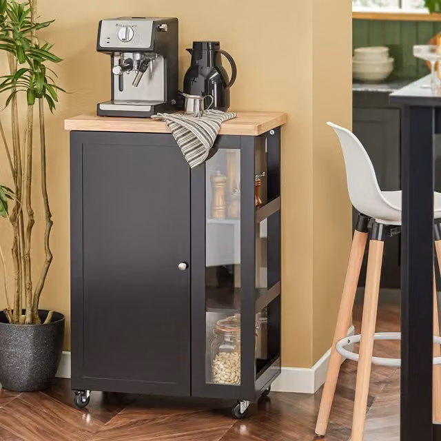 SoBuy Modern Mobile Kitchen Cart in Black Lacquered MDF and Rubberwood