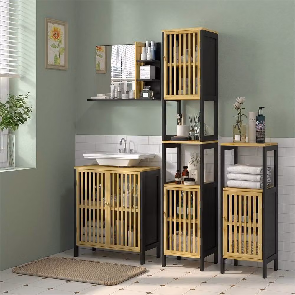 SPETLEK Bamboo Under Sink Bathroom Cabinet with Hinged Slat Doors in Brown – 4