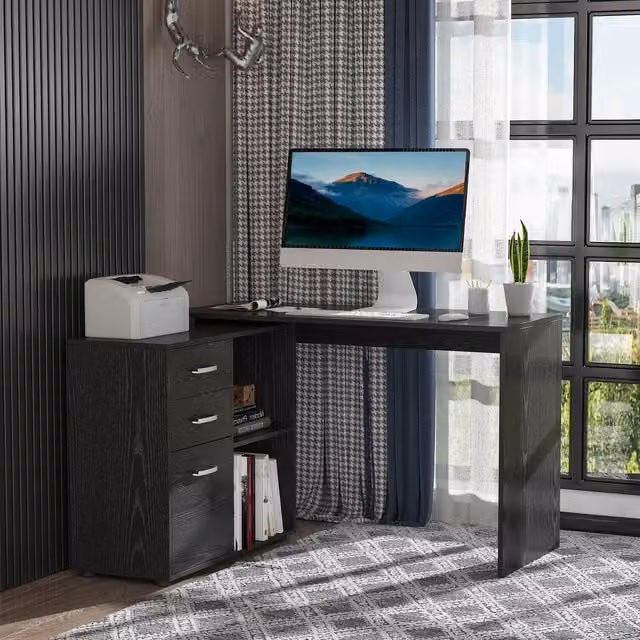 HOMCOM L-Shaped Corner Computer Desk Workstation in Black