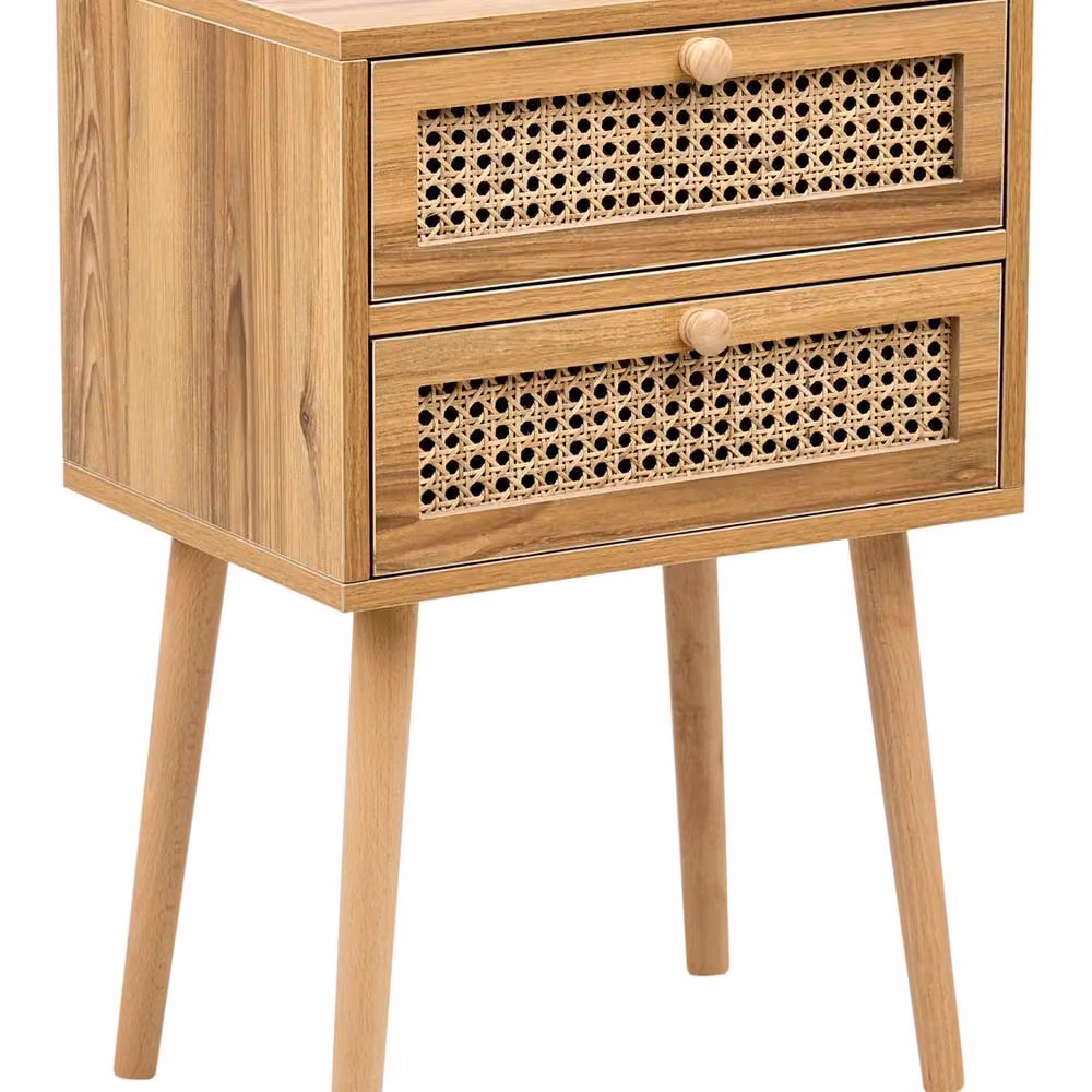 Wyld and Coco Light Brown Bedside Table with Rattan Viennese Braid and Beech Wood Finish – 2