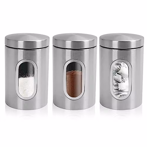 MantraRaj 3 Piece Stainless Steel Airtight Kitchen Canister Set in Silver and Black