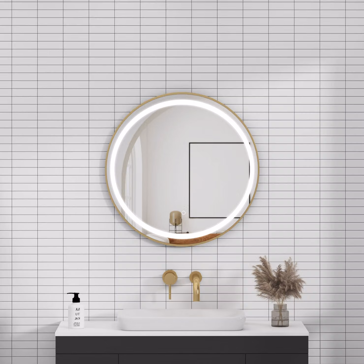 Royal Bathrooms Capri Round LED Illuminated Framed Mirror in Gold with Demister Pad and Touch Sensor, W: 60 cm, H: 60 cm