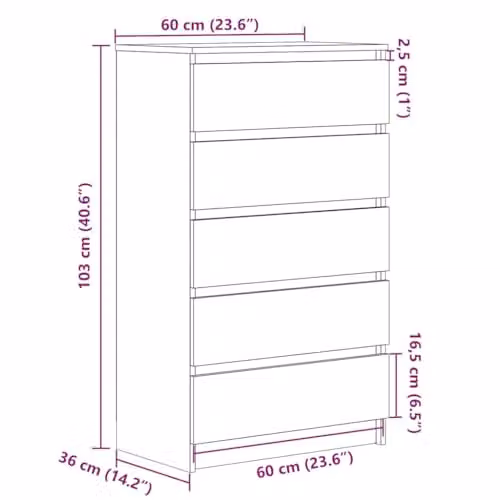 vidaXL Drawer Cabinet in Smoked Oak Brown, W/D/H: 60 x 36 x 103 cm – 3