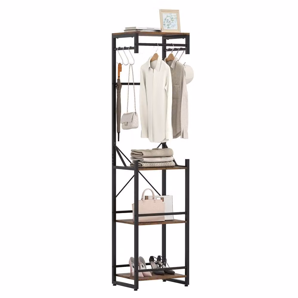 Costway Industrial Slim Hall Tree with Bench, 4 Storage Shelves and Hooks in Brown – 2