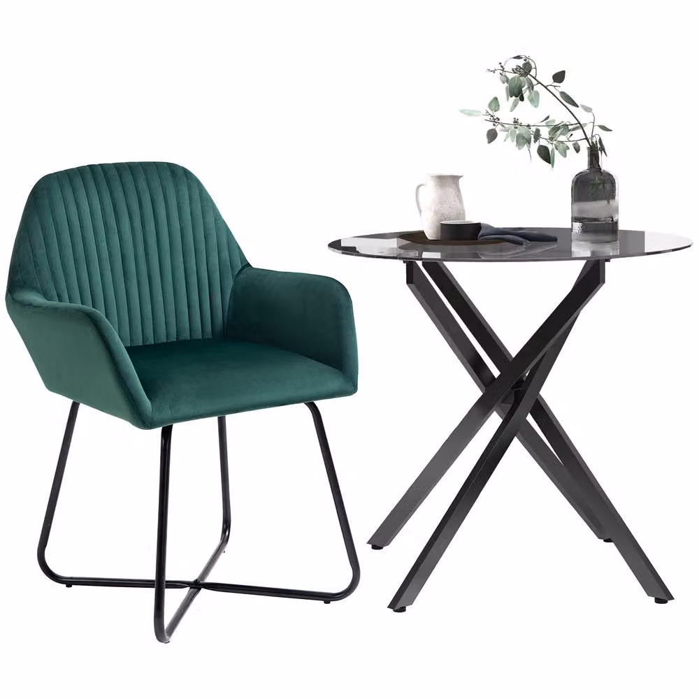 HOMCOM Round Glass Dining Table and Green Velvet Chair Set, W/D/H: 80 x 80 x 80 cm – 2