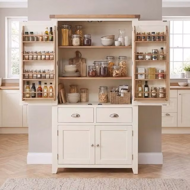 FORGEVIO Cheshire Cream Painted Double Freestanding Kitchen Cupboard in Beige – 1
