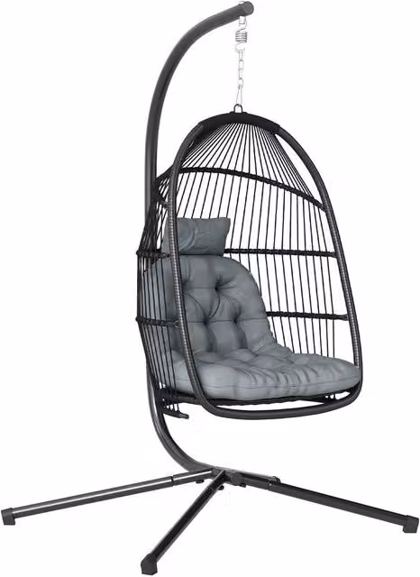 OUTSUNNY Rattan Hanging Egg Chair with Stand and Cushion in Dark Grey – 1