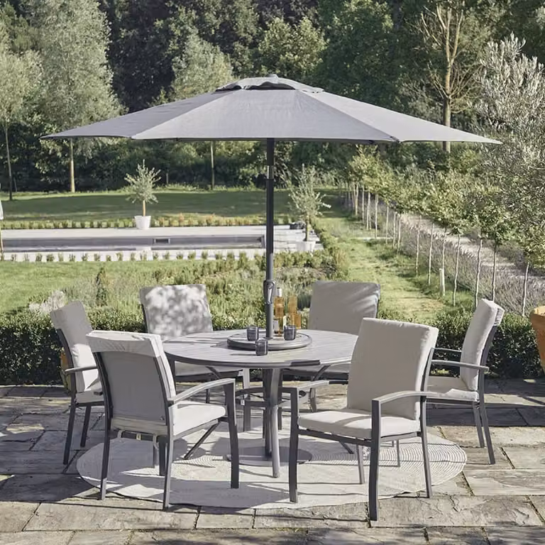 Leisure Grow Gabriela 6 Seat Grey Powder Coated Aluminium Dining Set with Rotating Lazy Susan and Parasol