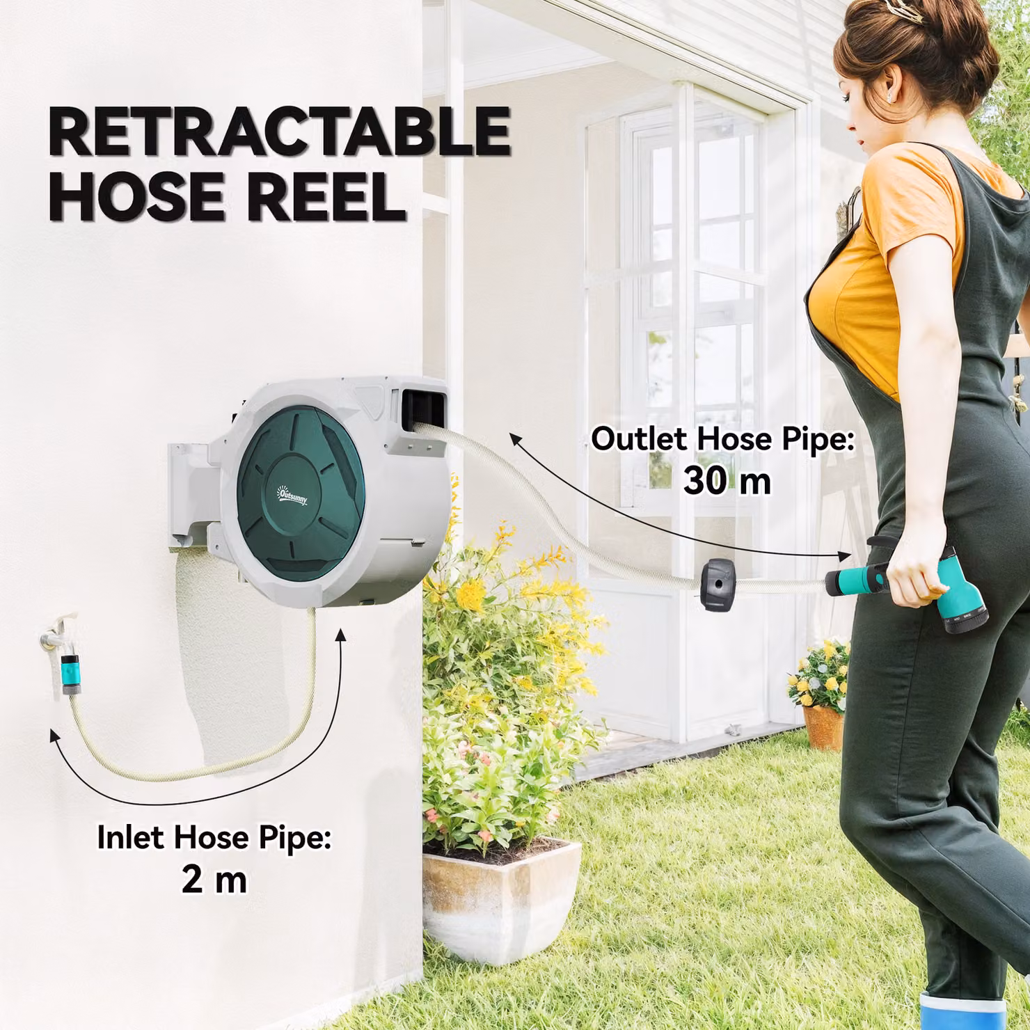 Outsunny Wall Mounted Retractable Garden Hose Reel with Auto Rewind and 7-in-1 Spray Nozzle, Grey – 3