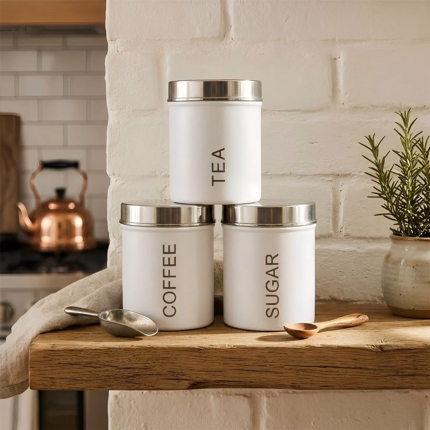 Harbour Housewares 3-Piece Metal Tea Coffee Sugar Canister Set in White with Airtight Lids – 7