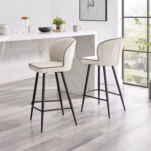 Set of 2 FurnitureboxUK Catriona Fabric Bar Chairs with Black Metal Legs in Cream