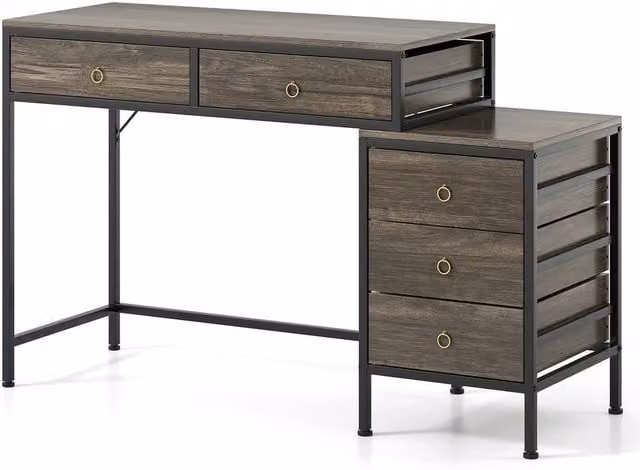 VOGREX Grey and Black Industrial Computer Desk Workstation with Dual Pedestal and 5 Storage Drawers