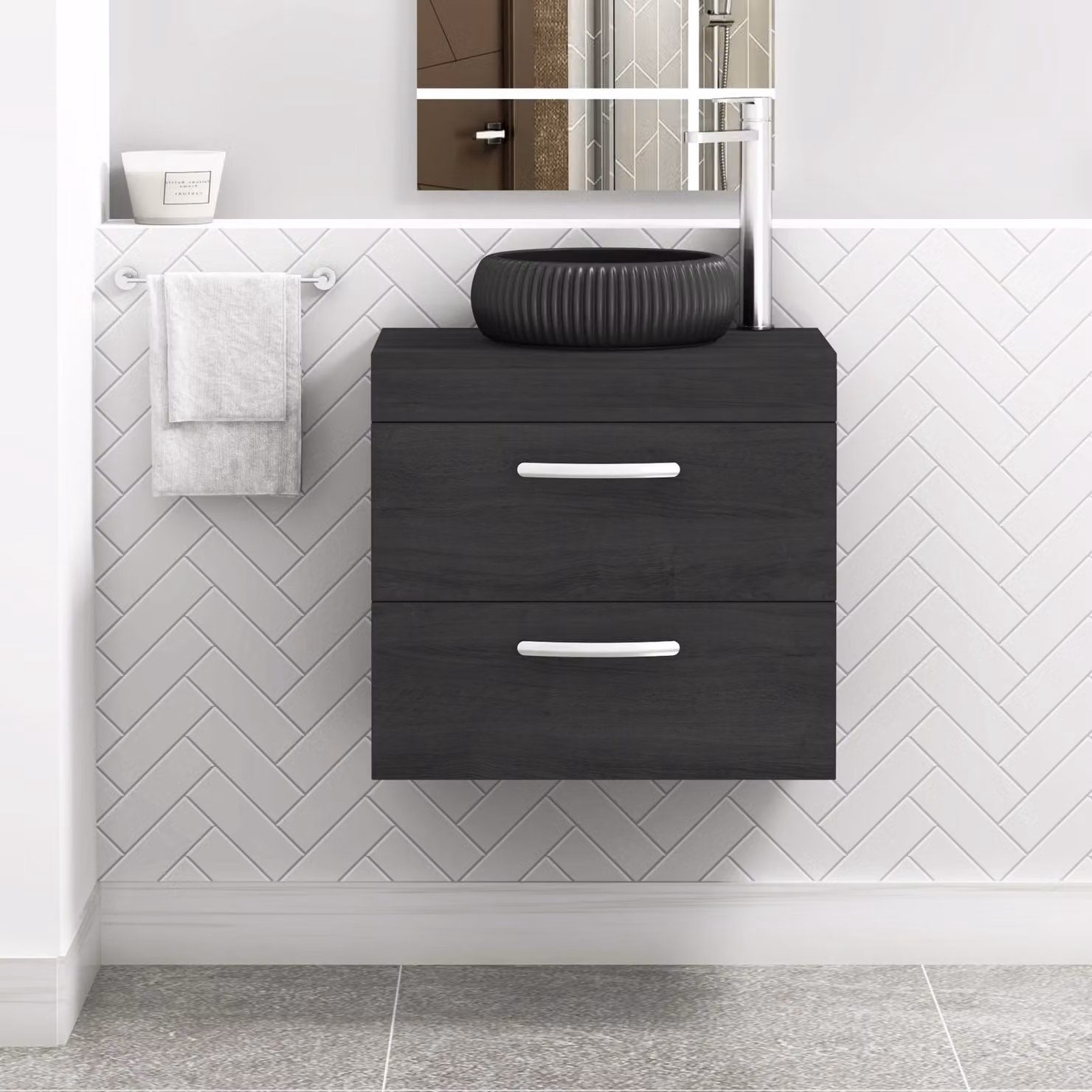 Royal Bathrooms Turin Wall Hung Vanity Unit with 2 Drawers and Countertop Basin in Hale Black and Milan Black