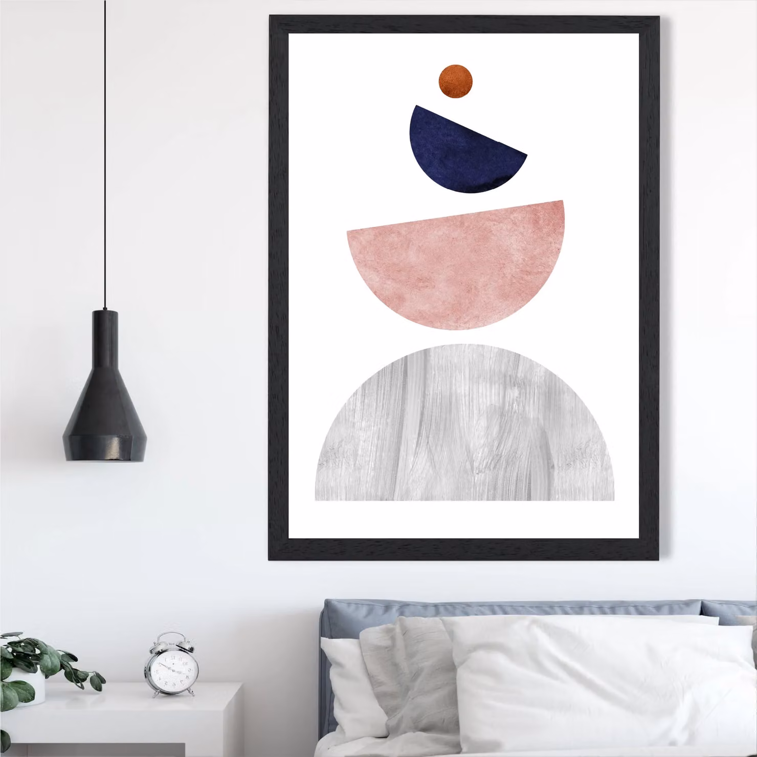 ARTZE Mid Century Geometric Abstract Framed Print in Grey, Navy Blue and Pink with Black Frame – 2