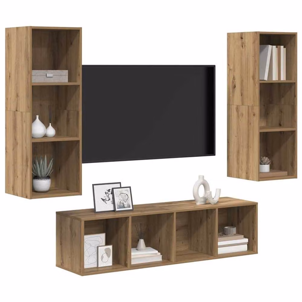 Berkfield Home 3-Piece TV Cabinet Set with Shelf in Artisan Oak Brown, W/D/H: 37 x 37 x 142.5 cm – 3