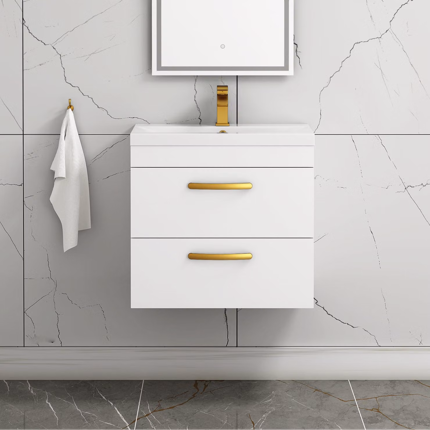 Royal Bathrooms Turin 600mm Wall Hung Gloss White Vanity Unit with 2 Drawers and Brushed Brass Handle