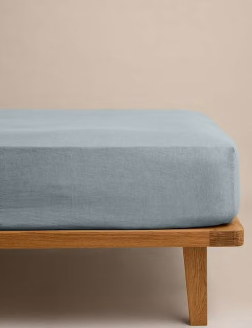 M&S Pure Linen Deep Fitted Sheet in Seafoam Green/Blue, W/D/H: 180 x 200 cm
