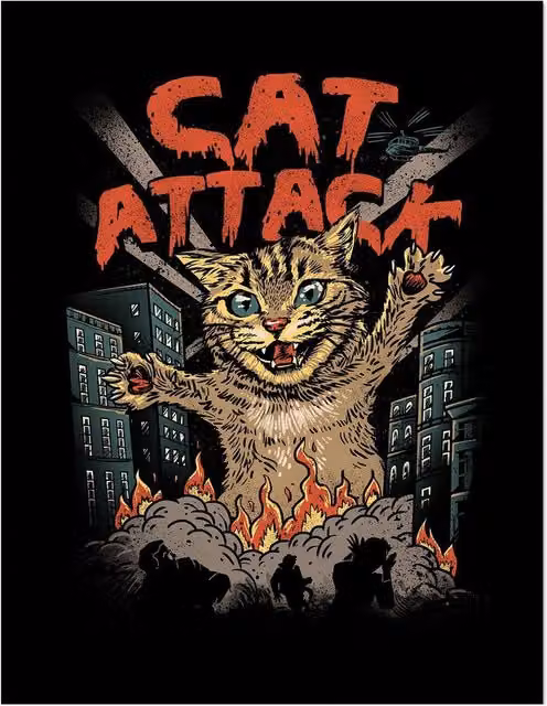 Vincent Trinidad Cat Attack Multicolour Paper Poster Print in Black