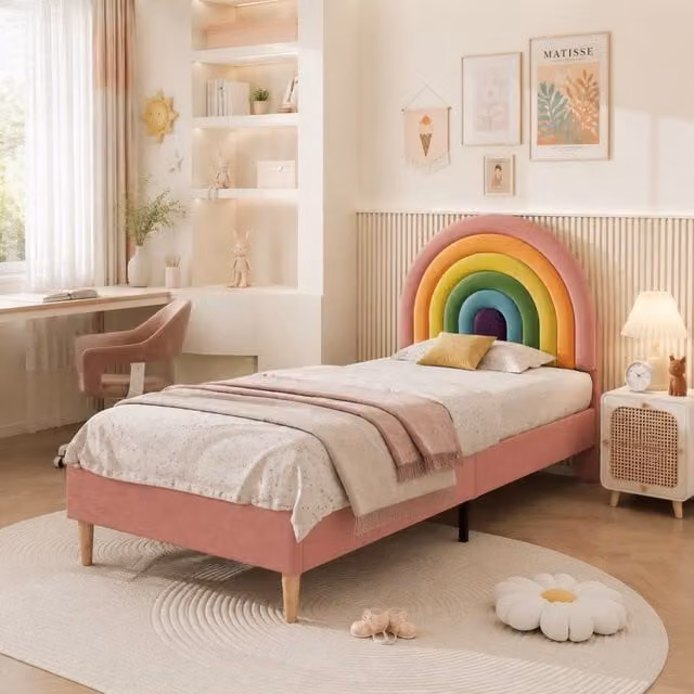 Matteo Adjustable Velvet Upholstered Bed with Wooden Slat Support and Headboard, Pink and Beige, W/D/H: 90 x 190 cm