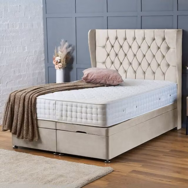 BSSPOKE Amelia Ottoman Divan Bed with 54 inch Headboard in Beige Plush Velvet, W/D/H: 120 x 200 cm – 1