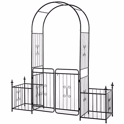 Outsunny Metal Garden Arbor Arch with Gate and Planter Boxes, Black, H 220 x W 200 x D 50 cm – 1